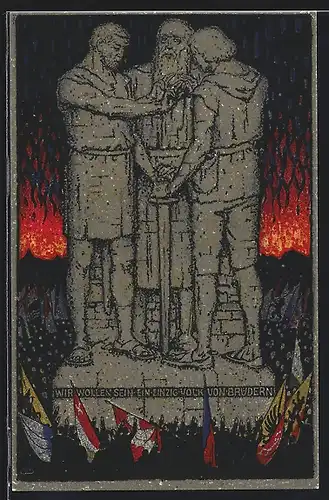 Künstler-AK Schweizer Bundesfeier 1915, Statue des Rütlischwurs umringt von jubelnden Menschen