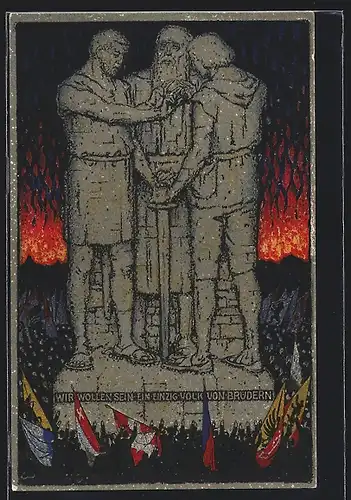 Ganzsache-AK Schweizer Bundesfeier 1915, Statue Drei Männer halten ein Schwert