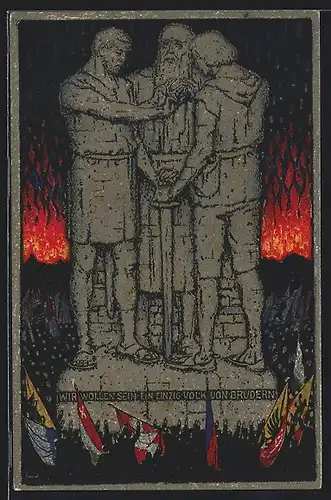 Ganzsache-AK Schweizer Bundesfeier 1915, Statue Drei Männer halten ein Schwert