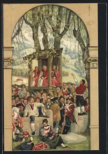 Künstler-AK Schweizer Bundesfeier 1918, Für unsere Soldaten, Predigt unter freiem Himmel