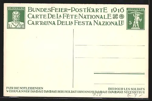 Künstler-AK Schweizer Bundesfeier 1916, vier nackte Kinder mit Schweizerfahne und Palmwedeln