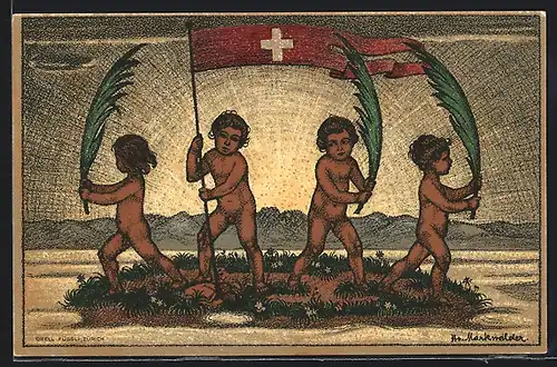 Künstler-AK Schweizer Bundesfeier 1916, vier nackte Kinder mit Schweizerfahne und Palmwedeln