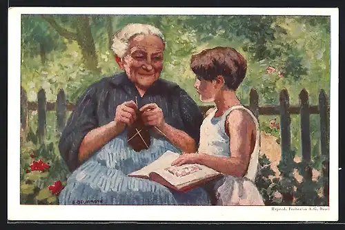 AK Schweizer Bundesfeier 1928, alte Frau und Kind mit einem Buch