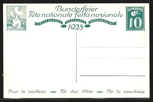 AK Schweizer Bundesfeier 1928, alte Frau und Kind mit einem Buch