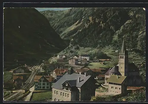 AK Goeschenen, Teilansicht mit Kirche und Gleisen