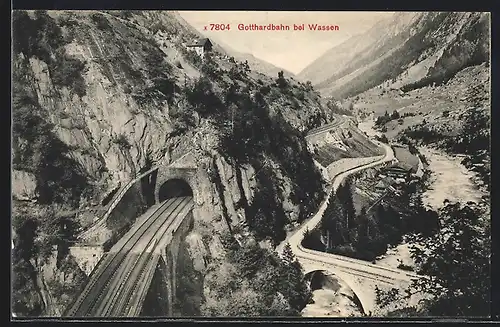 AK Wassen, Gebirgspartie mit Gotthardbahn