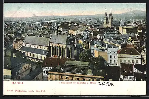 AK Basel, Totalansicht mit Münster und Rhein