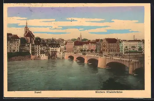 AK Basel, Mittlere Rheinbrücke mit Kirche