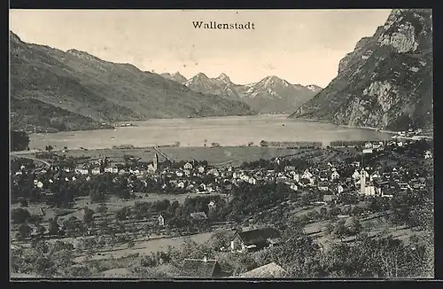 AK Wallenstadt, Ortsansicht mit See und Bergen