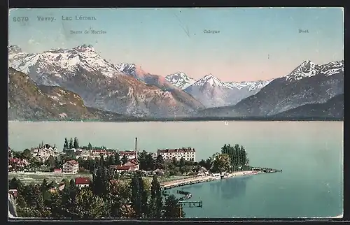 AK Vevey, Lac Leman, Blick auf Dents de Morcles, Catogne, Buet