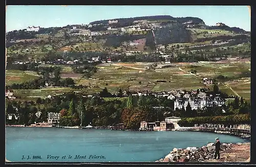 AK Vevey, Ortsansicht mit See und Mont Pelerin