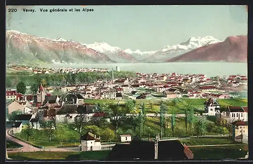 AK Vevey, Vue generale et les Alpes