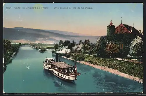 AK Gals, Canal et Chateau de Thielle, Dampfer auf dem Weg zur St. Petersinsel