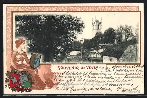 Passepartout-Lithographie Vevey, Wallanlage mit Turm, Helvetia, Wappen