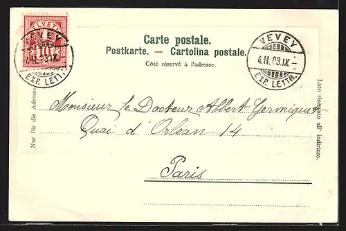 Passepartout-Lithographie Vevey, Wallanlage mit Turm, Helvetia, Wappen