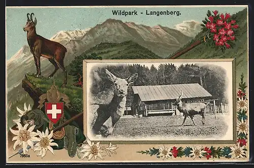 Passepartout-Lithographie Langnau am Albis, Wildpark Langenberg, Gemse, Schweizer Wappen