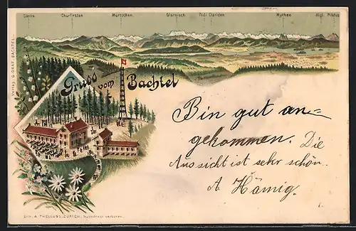 Lithographie Bachtel, Gasthaus Bachtel mit Aussichtsturm aus der Vogelschau, Bergpanorama mit Glärnisch