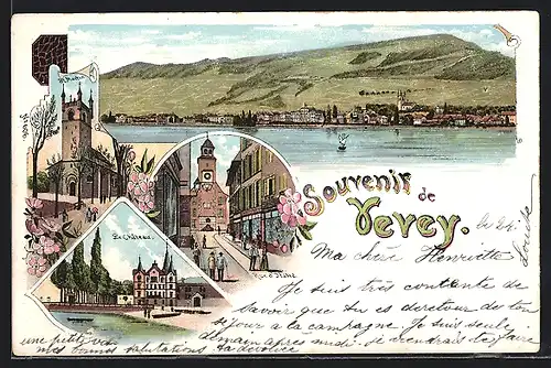 Lithographie Vevey, Rue d`Italie, Le Château, Panorama