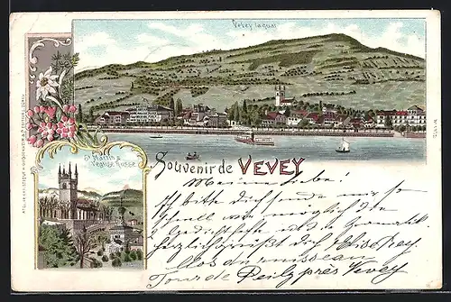 Lithographie Vevey, St. Martin & russische Kirche, Ortsansicht mit Kai vom Wasser aus