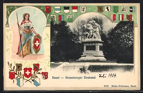 Passepartout-Lithographie Basel, Strassburger Denkmal, Helvetia, Wappen der Schweiz