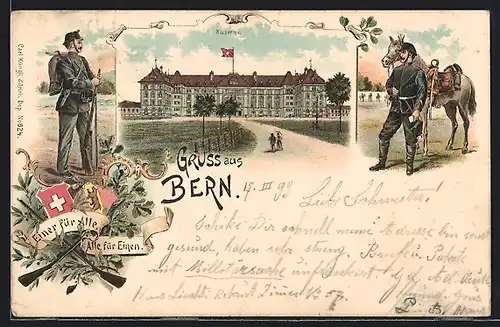Lithographie Bern, Kaserne mit Zufahrt, Soldat mit Tornister, Kavallerist, Wappen