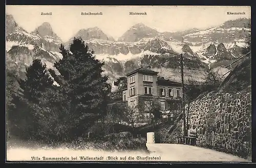 AK Wallenstadt, Villa Bommerstein mit Strasse und Blick auf den Churfirsten