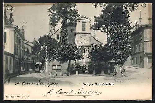 AK Vevey, Place Orientale, Strassenbahn