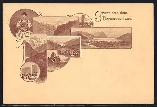 Lithographie Lauterbrunnen, Ortsansichten, Bergpanorama, Faru in Tracht