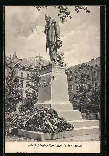 AK Innsbruck, Adolf Pichler-Denkmal mit Kränzen