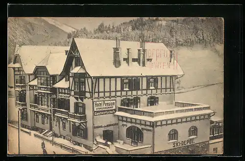 AK Steinhaus am Semmering, Hotel-Pension Stuhleckerhof im Winter aus der Vogelschau