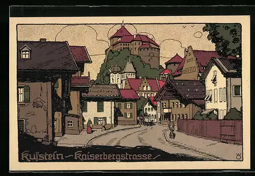 Steindruck-AK Kufstein, Kaiserbergstrasse mit Passanten