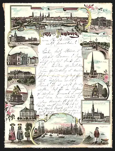 Klapp-Lithographie Hamburg, Hauptpost, Hafen, Lombards-Brücke, Justiz-Gebäude