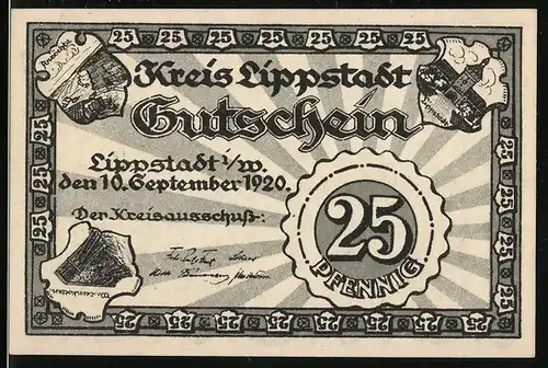 Notgeld Lippstadt i. W., 1920, 25 Pfennig, Wappen mit Ortsansichten, Kirche, Gesamtansicht der Ortschaft