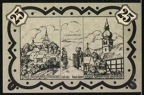 Notgeld Lippstadt i. W., 1920, 25 Pfennig, Wappen mit Ortsansichten, Kirche, Gesamtansicht der Ortschaft