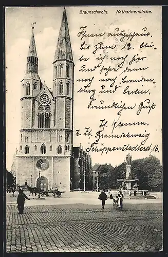 AK Braunschweig, Katharinenkirche mit Pferdekutsche und Passanten