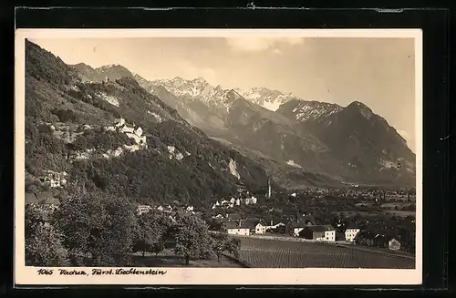 AK Vaduz, Fürst. Liechtenstein, Gesamtansicht mit den Alpen