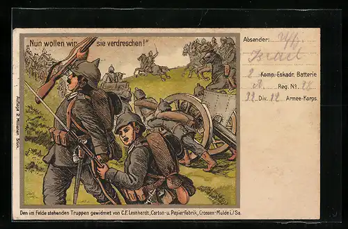 Künstler-AK Nun wollen wir sie verdreschen, Soldaten auf dem Schlachtfeld, Propaganda 1. Weltkrieg