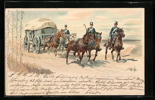 Lithographie Train auf dem Marsch, Nachschub-Transport mit Pferdegespann