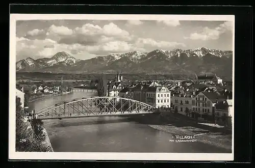 AK Villach, Teilansicht mit Brücke und Karawanken