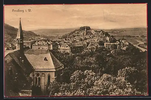 AK Arnsberg i. W., Ortsansicht mit Kirche