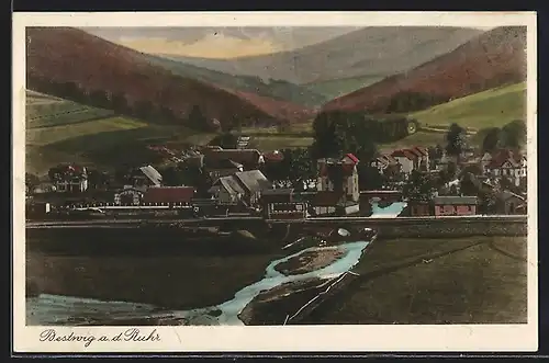 AK Bestwig a. d. Ruhr, Ortsansicht mit Fluss