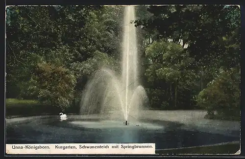 AK Unna-Königsborn, Kurgarten, Schwanenteich mit Springbrunnen