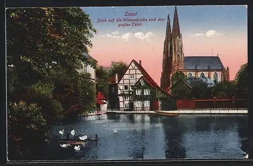 AK Soest, Blick auf die Wiesenkirche und den grossen Teich
