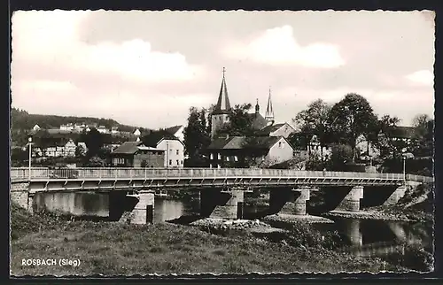 AK Rosbach /Sieg, Ortsansicht mit Brücke und Kirche