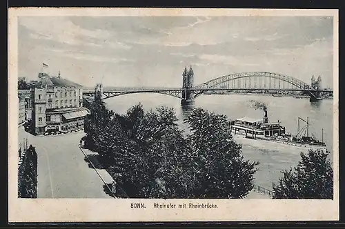 AK Bonn, Dampfer mit Rheinbrücke und Rheinufer