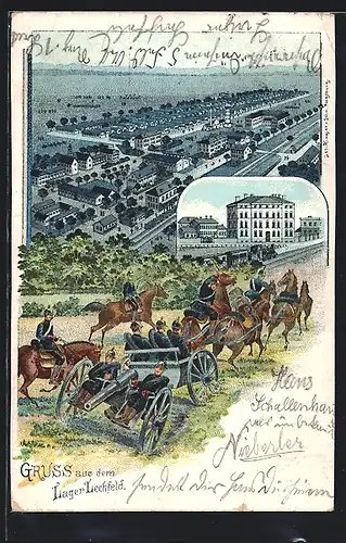 Lithographie Lager Lechfeld, Gesamtansicht aus der Vogelschau, Soldaten mit mobiler Kanone