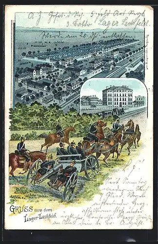 Lithographie Lager Lechfeld, Pferdeartillerie, Ortsansicht