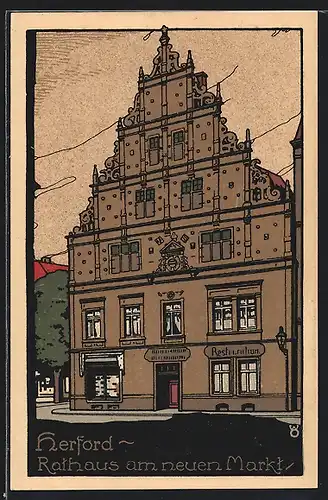 Steindruck-AK Herford, Rathaus am neuen Markt