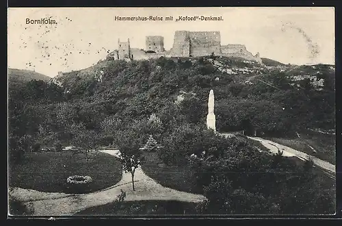 AK Bornholm, Hammershus-Ruine mit Kofoed-Denkmal
