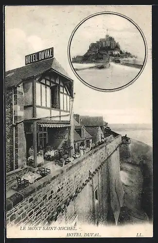 AK Mont St-Michel, l`hôtel Duval, vue partielle avec la fortification, le mont St-Michel en médaillon